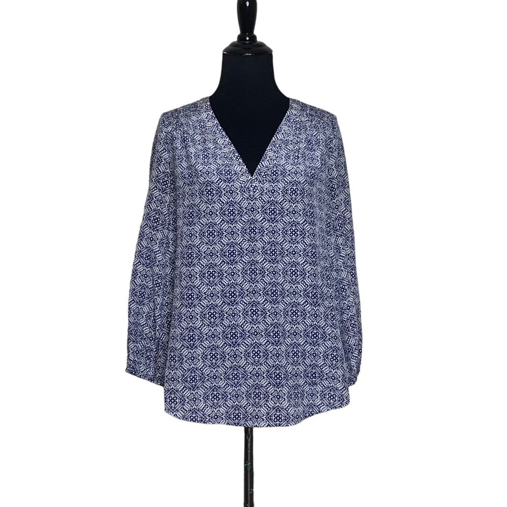 Joie blue print silk 3/4 sleeves v neck tunic top size XXS